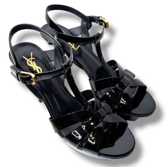Saint Laurent Tribute Black Patent Leather Platform High Heel Sandals Size 37.5 - Picture 1 of 13